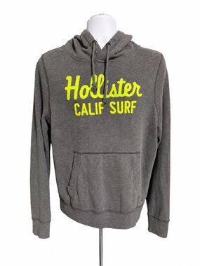 Y2K Hollister Spellout Hoodie XL Gray Neon Yellow Logo Surf Mallcore Cali casual